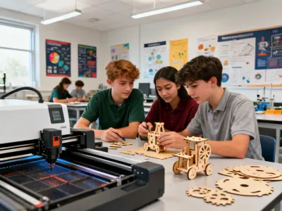 Students using laser cutter in STEM classroom